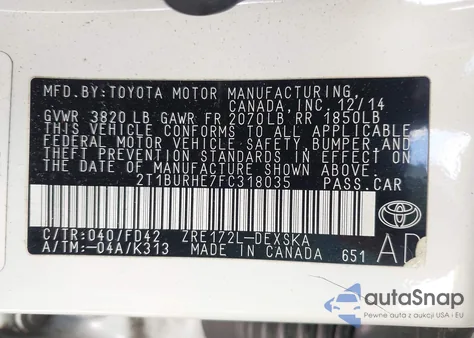 2015 Toyota Corolla S Plus from USA, damaged, VIN 2T1BURHE7FC318035